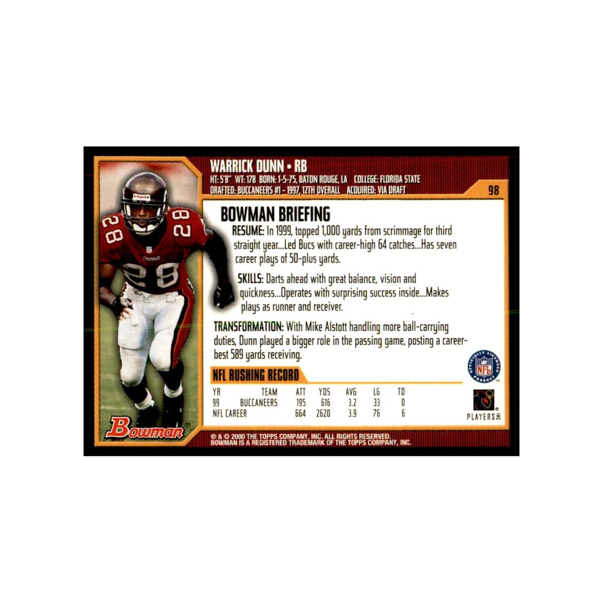 2000 Bowman Warrick Dunn Football Cards #98.0