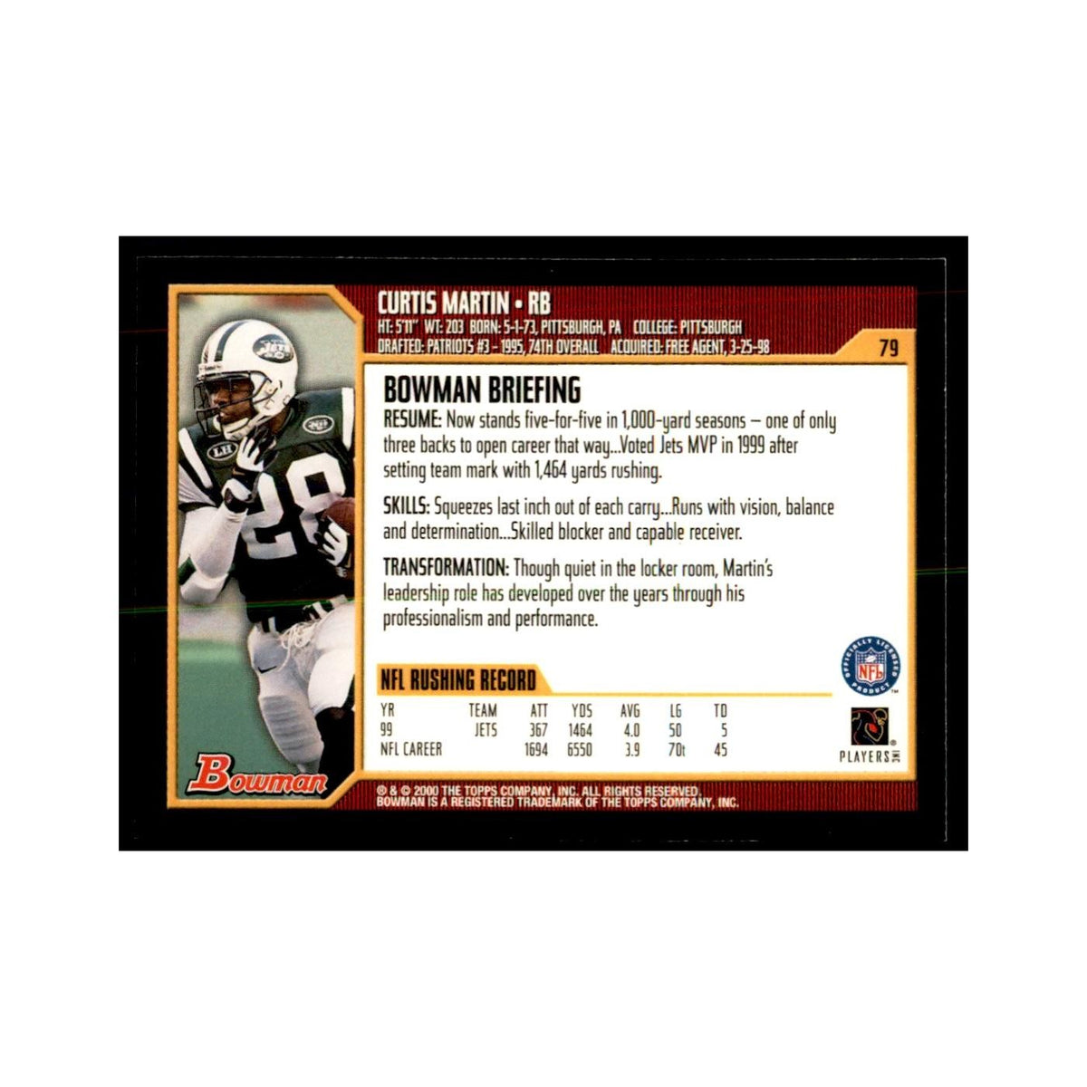 2000 Bowman Curtis Martin Football Cards #79.0
