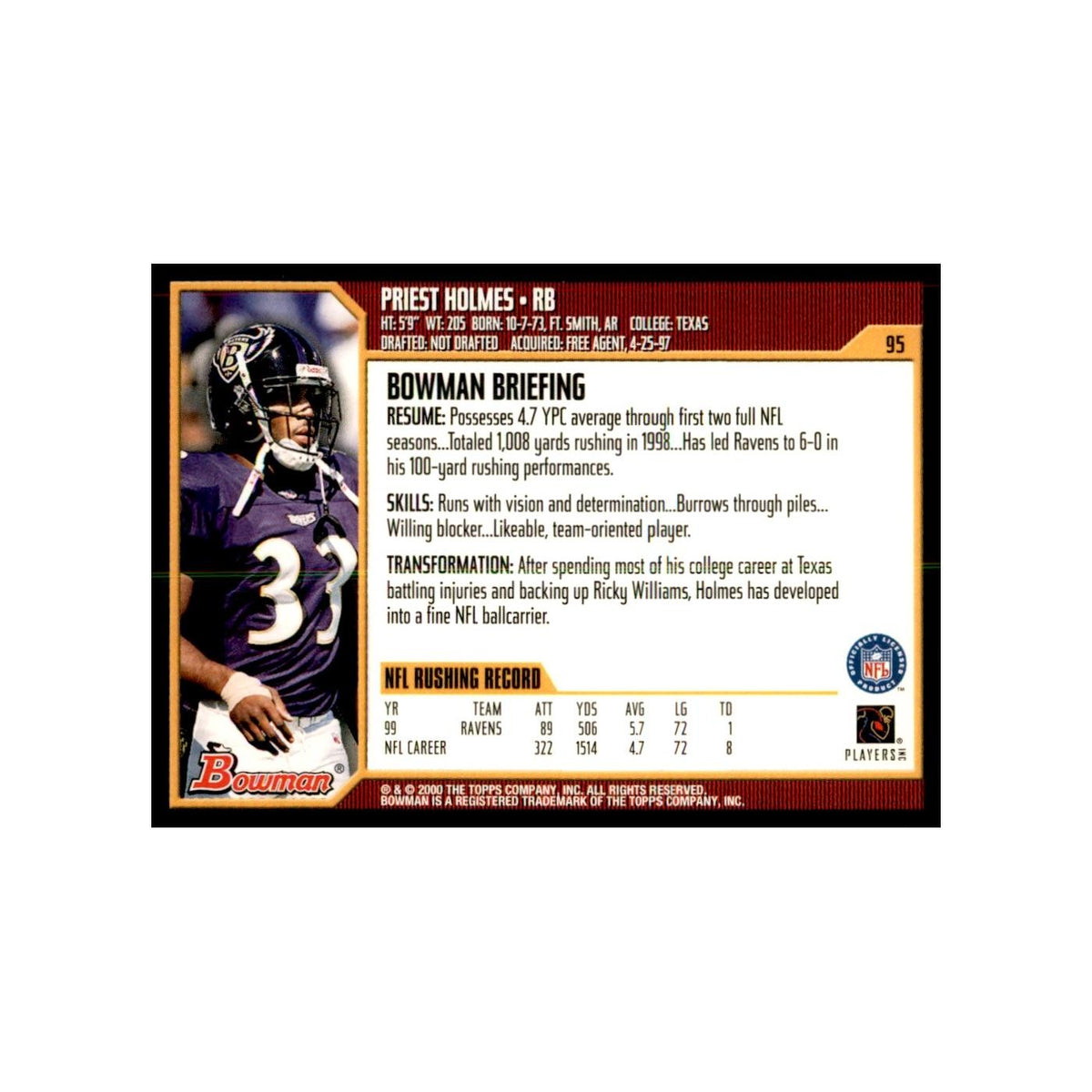 2000 Bowman Priest Holmes Football Cards #95.0