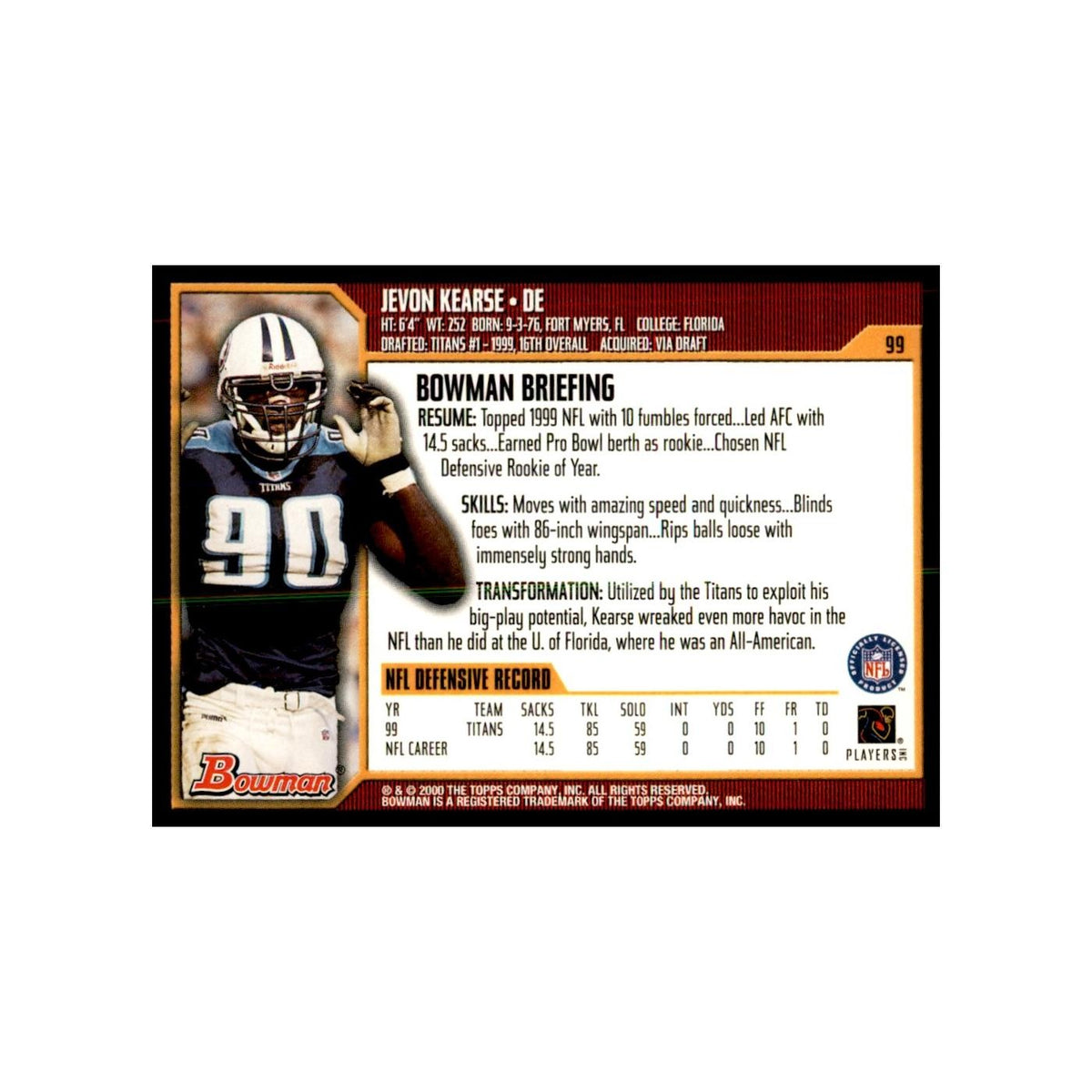 2000 Bowman Jevon Kearse Football Cards #99.0