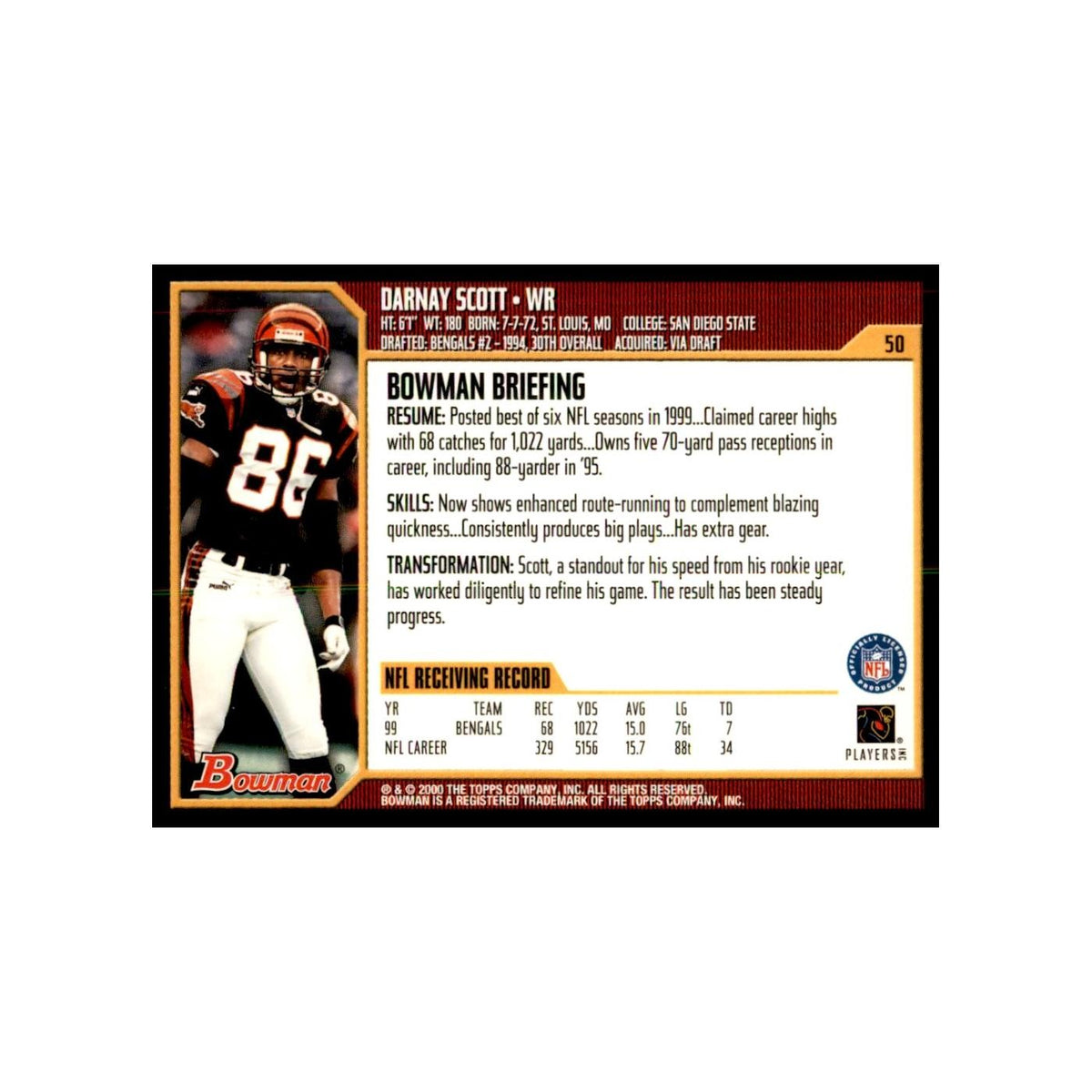 2000 Bowman Darnay Scott Football Cards #50.0