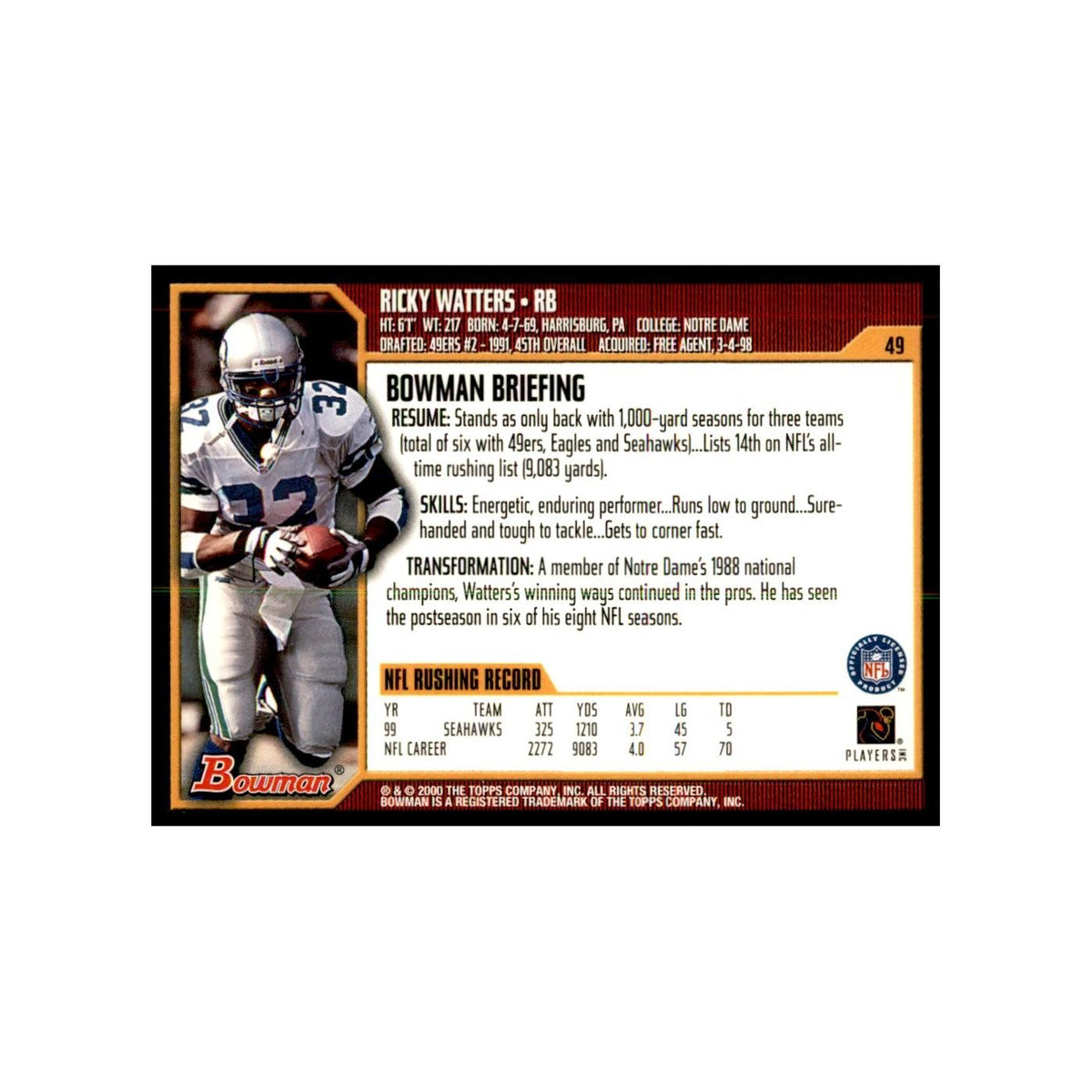 2000 Bowman Ricky Watters Football Cards #49.0