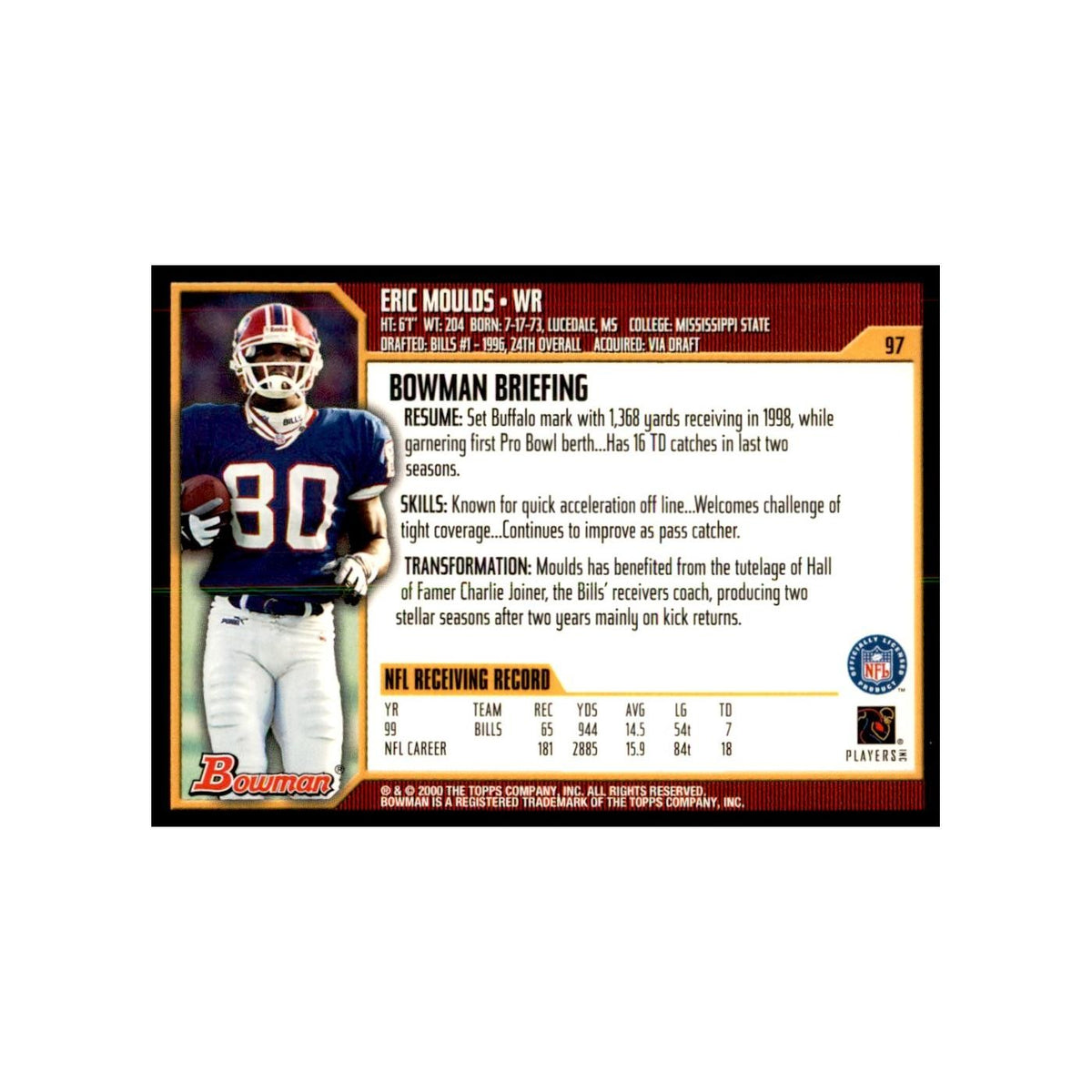2000 Bowman Eric Moulds Football Cards #97.0