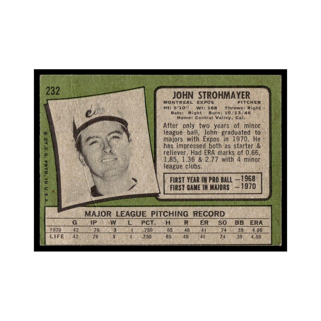 1971 Topps Baseball Card (Damaged) John Strohmayer RC Montreal Expos #232