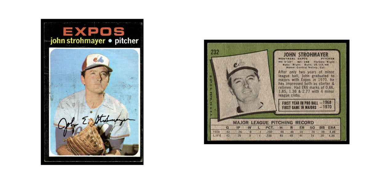 1971 Topps Baseball Card (Damaged) John Strohmayer RC Montreal Expos #232
