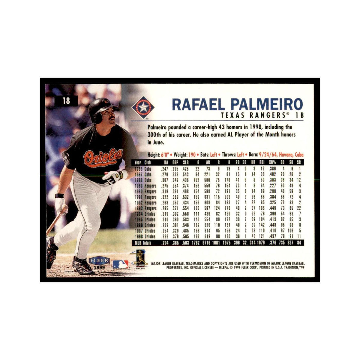 1999 Fleer Tradition Rafael Palmeiro Baseball Cards #18
