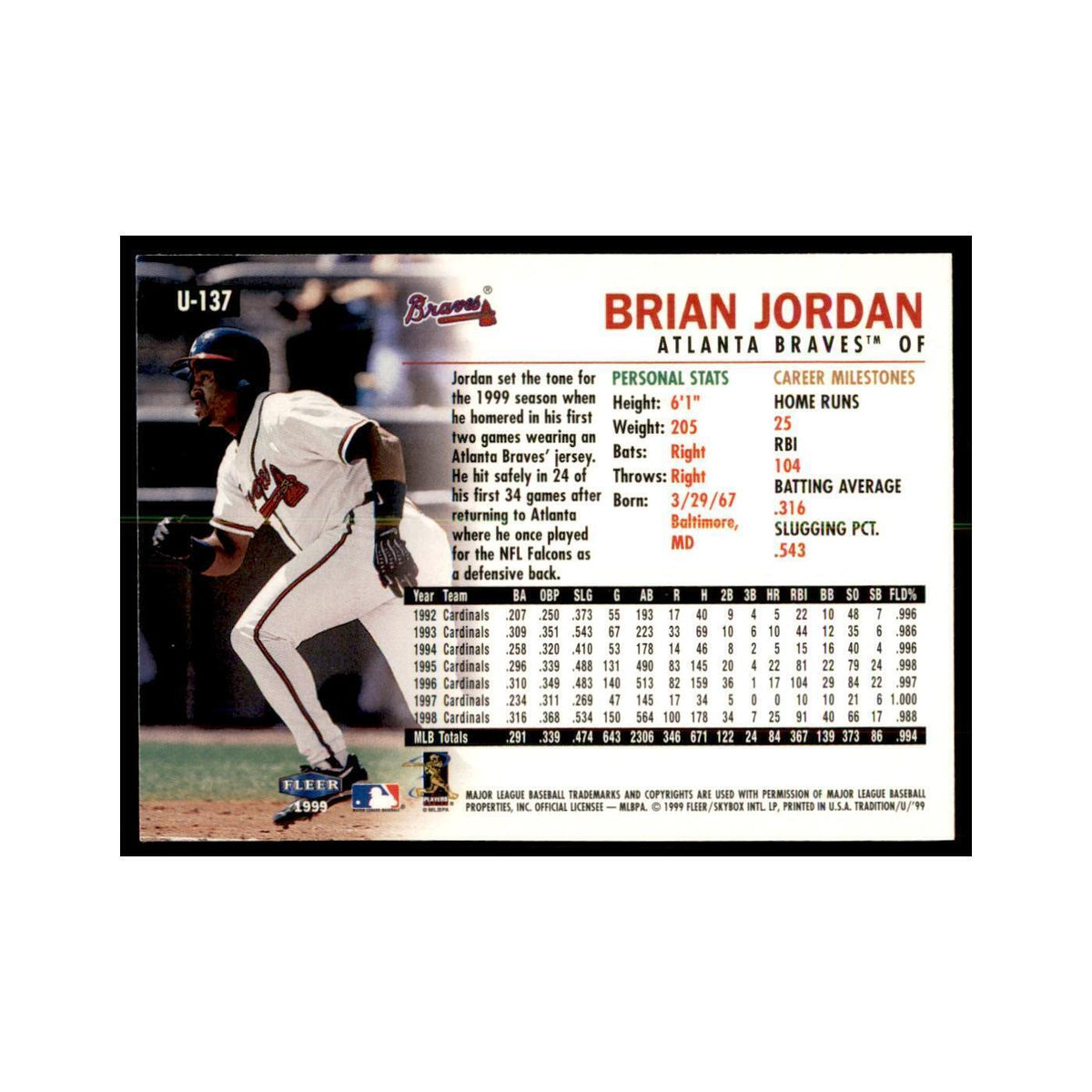 1999 Fleer Tradition Update Brian Jordan Baseball Cards #U-137