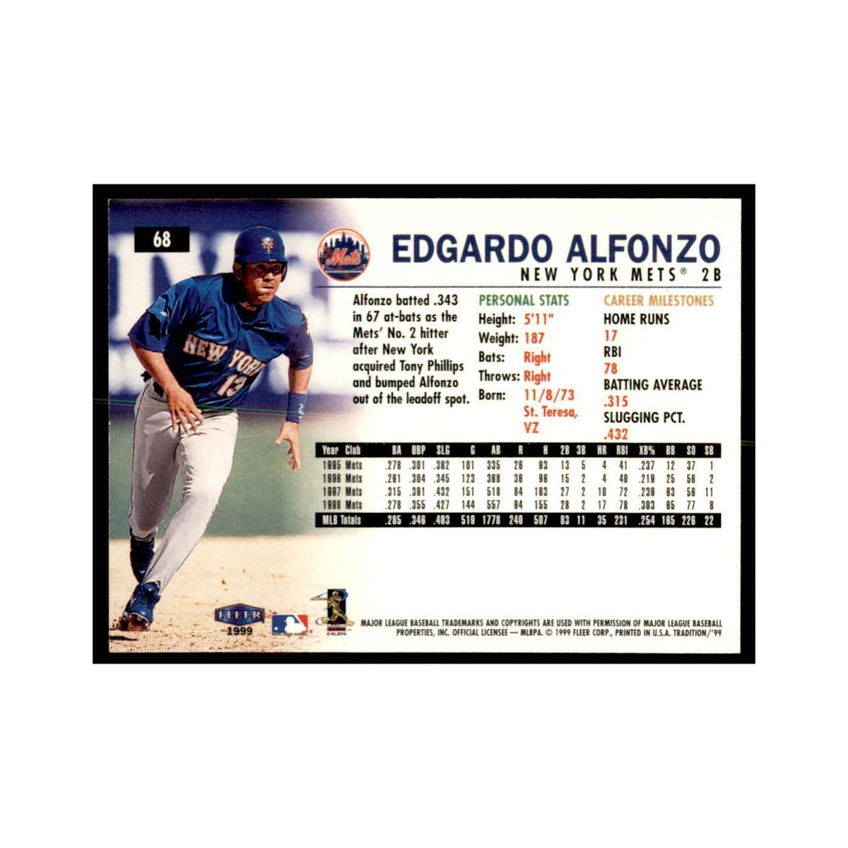 1999 Fleer Tradition Edgardo Alfonzo Baseball Cards #68