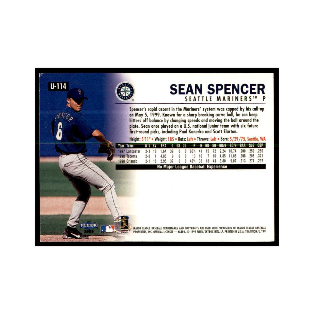 1999 Fleer Tradition Update Sean Spencer Baseball Cards #U-114