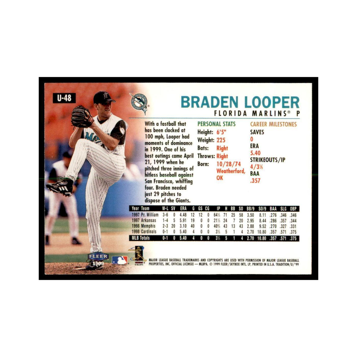 1999 Fleer Tradition Update Braden Looper Baseball Cards #U-48