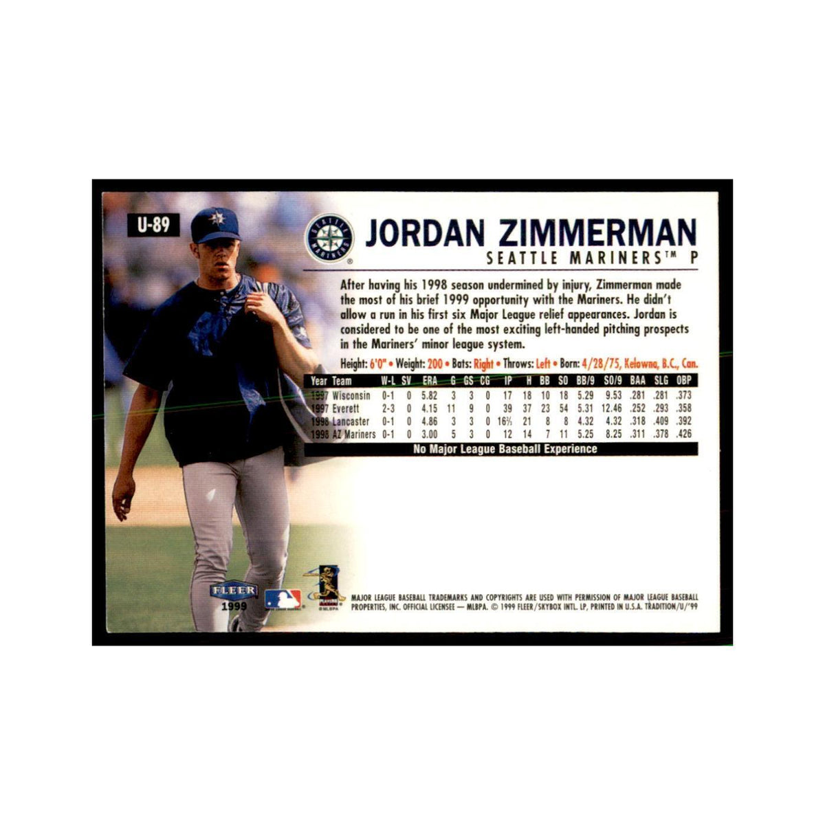 1999 Fleer Tradition Update Jordan Zimmerman Baseball Cards #U-89