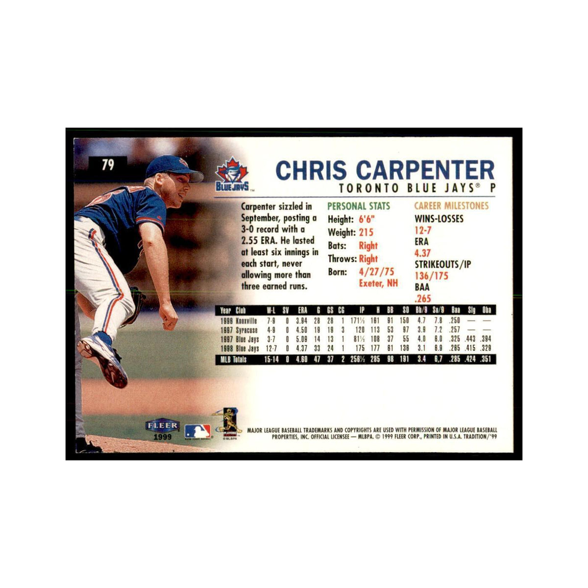 1999 Fleer Tradition Chris Carpenter Baseball Cards #79