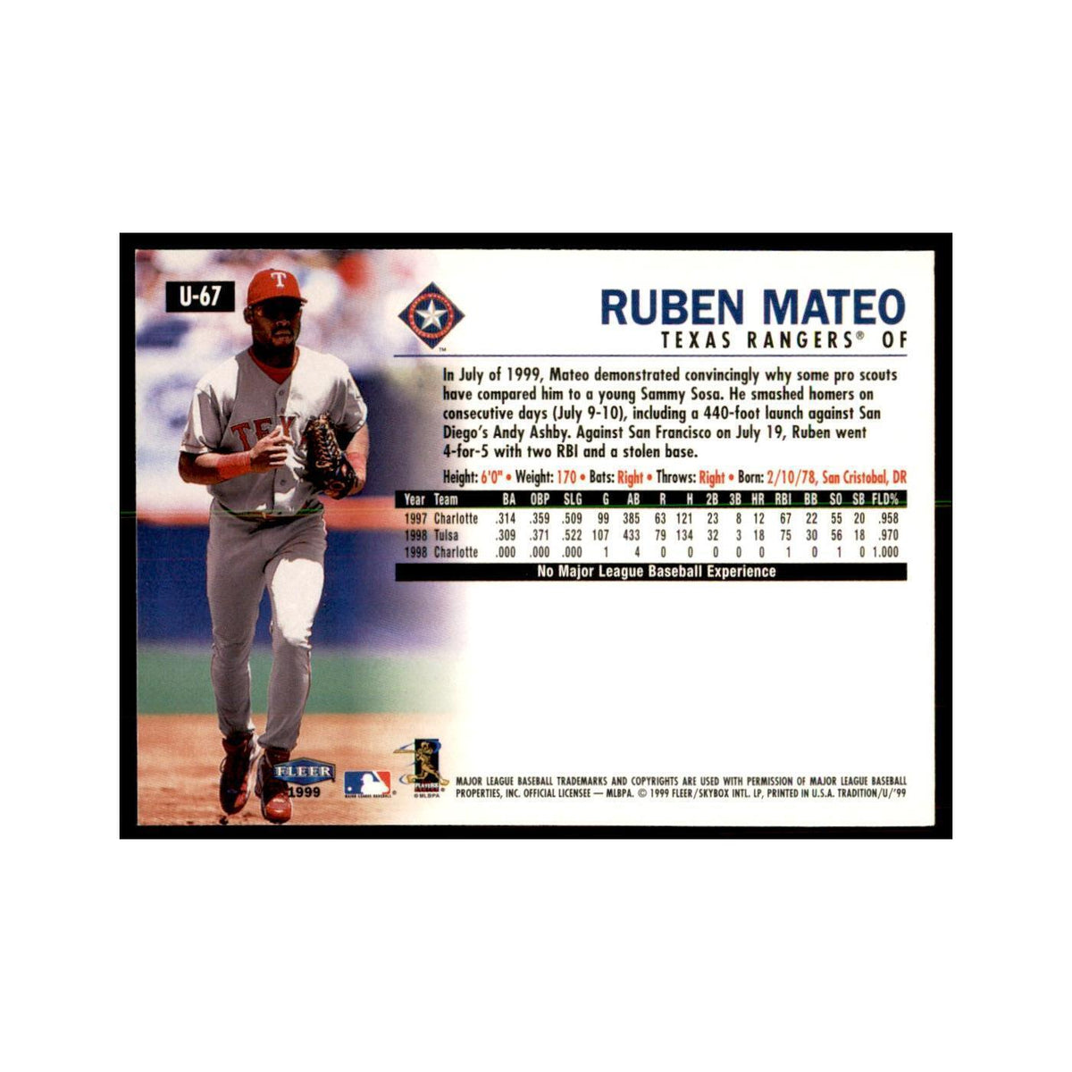 1999 Fleer Tradition Update Ruben Mateo Baseball Cards #U-67