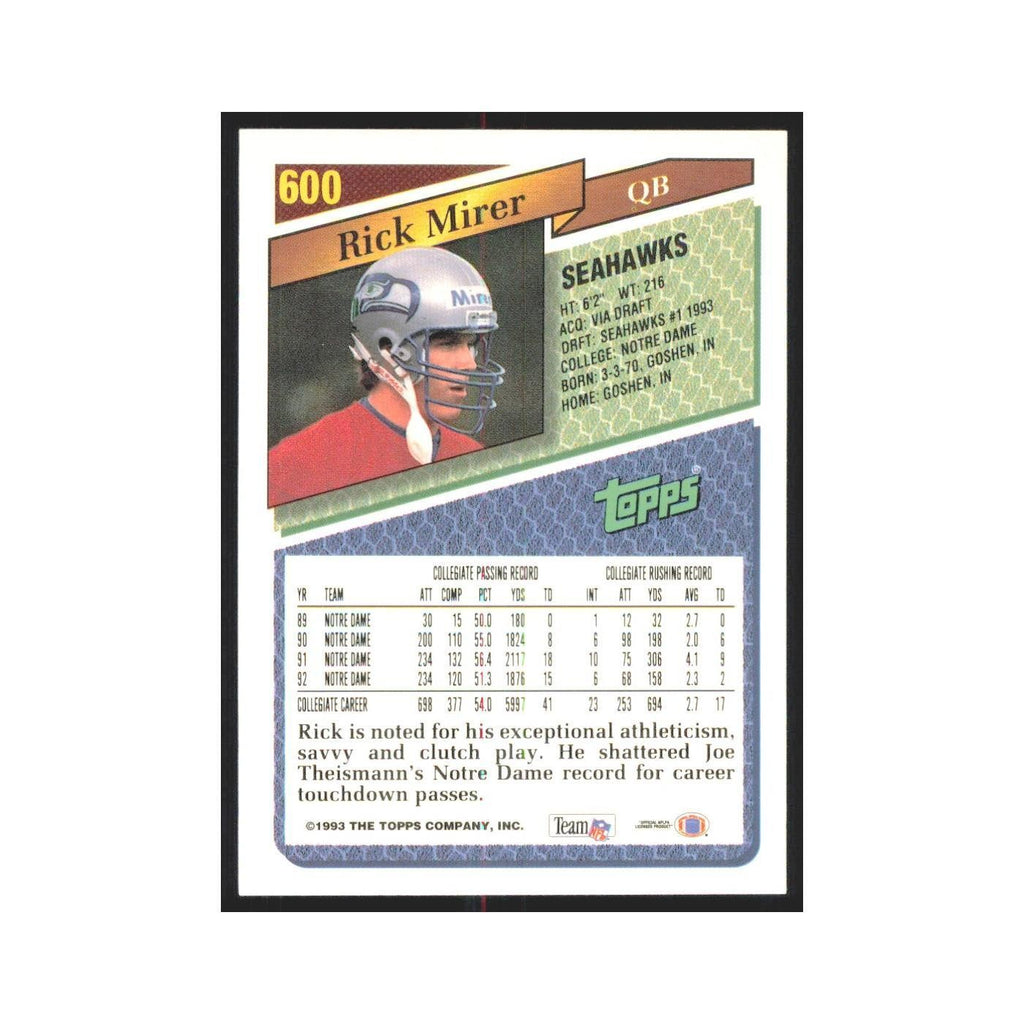 1993 Topps Rick Mirer RC Seahawks #600