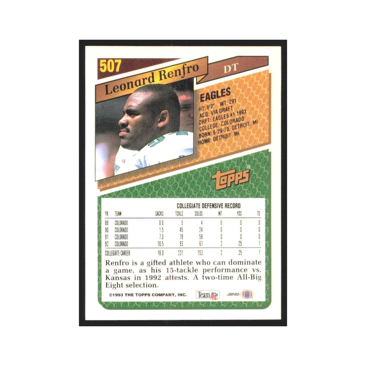 1993 Topps Leonard Renfro RC Eagles #507