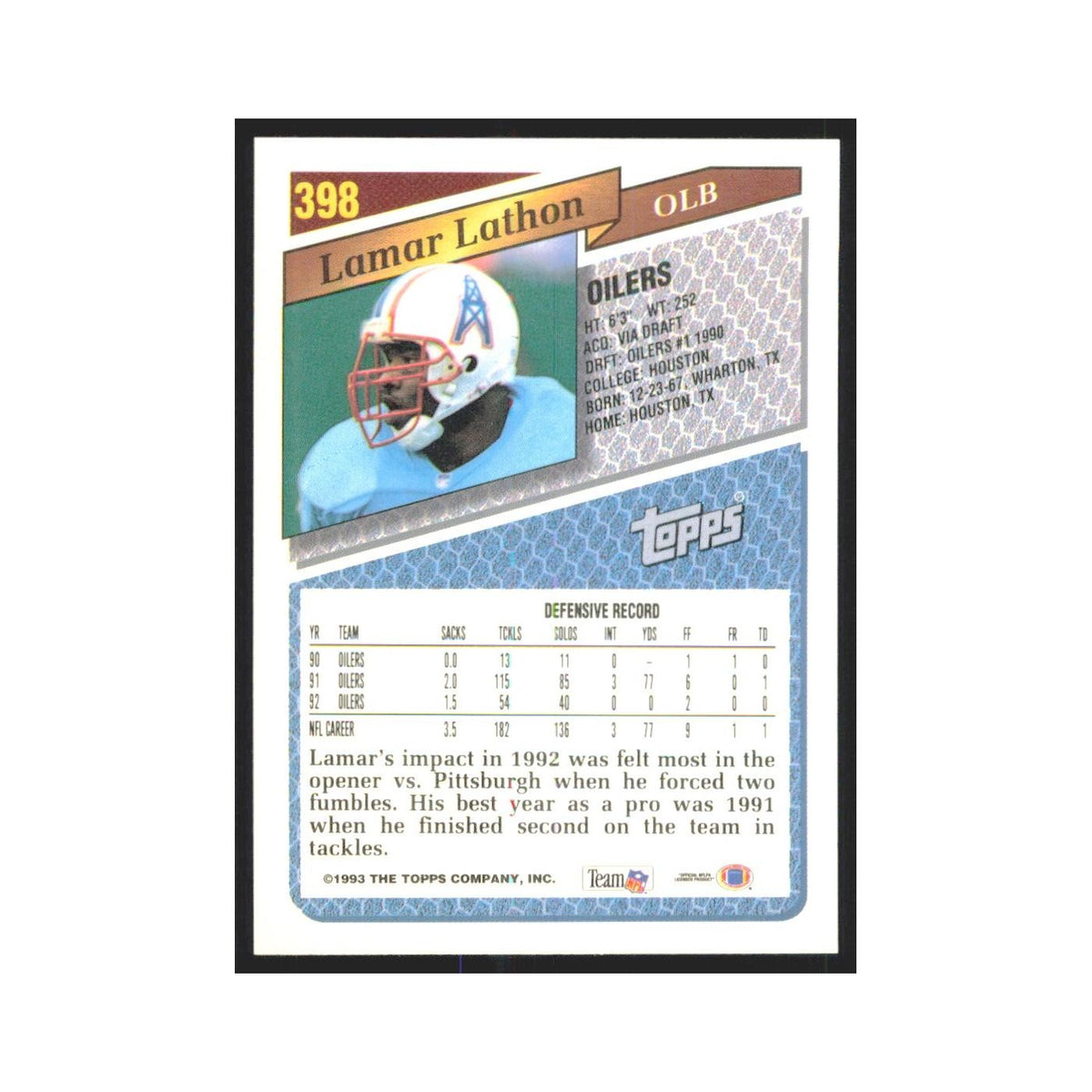1993 Topps Lamar Lathon Houston Oilers #398