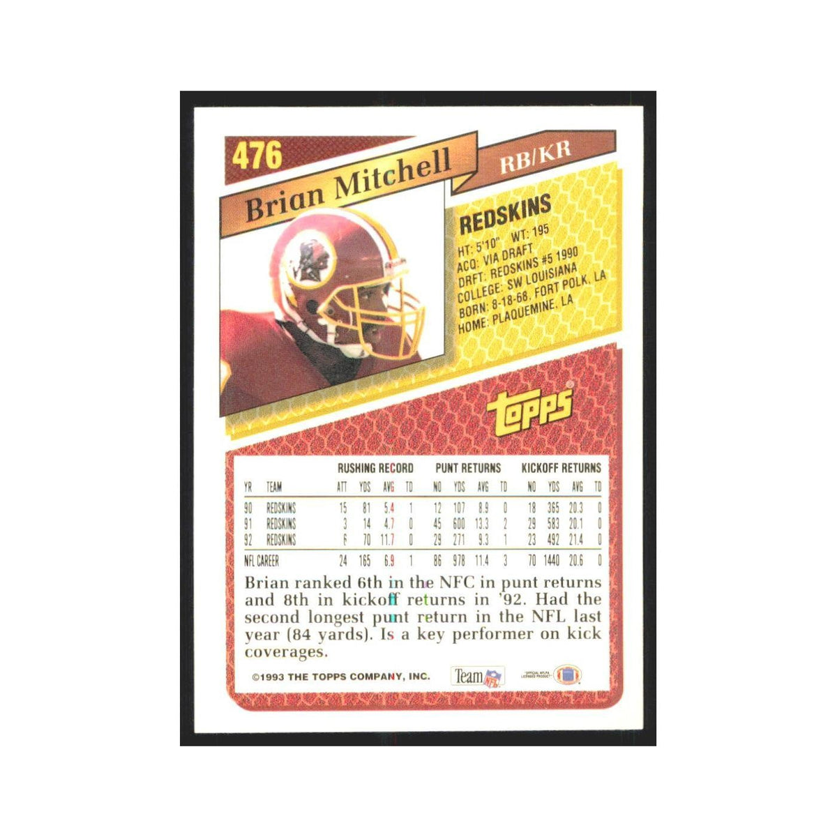 1993 Topps Brian Mitchell Redskins #476