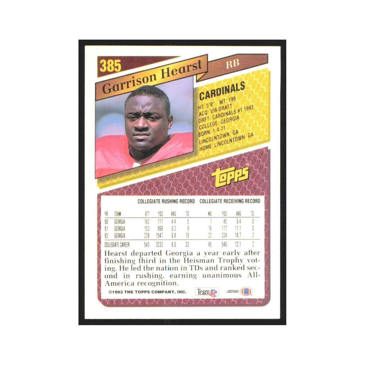 1993 Topps Gold Garrison Hearst RC Phoenix Cardinals #385