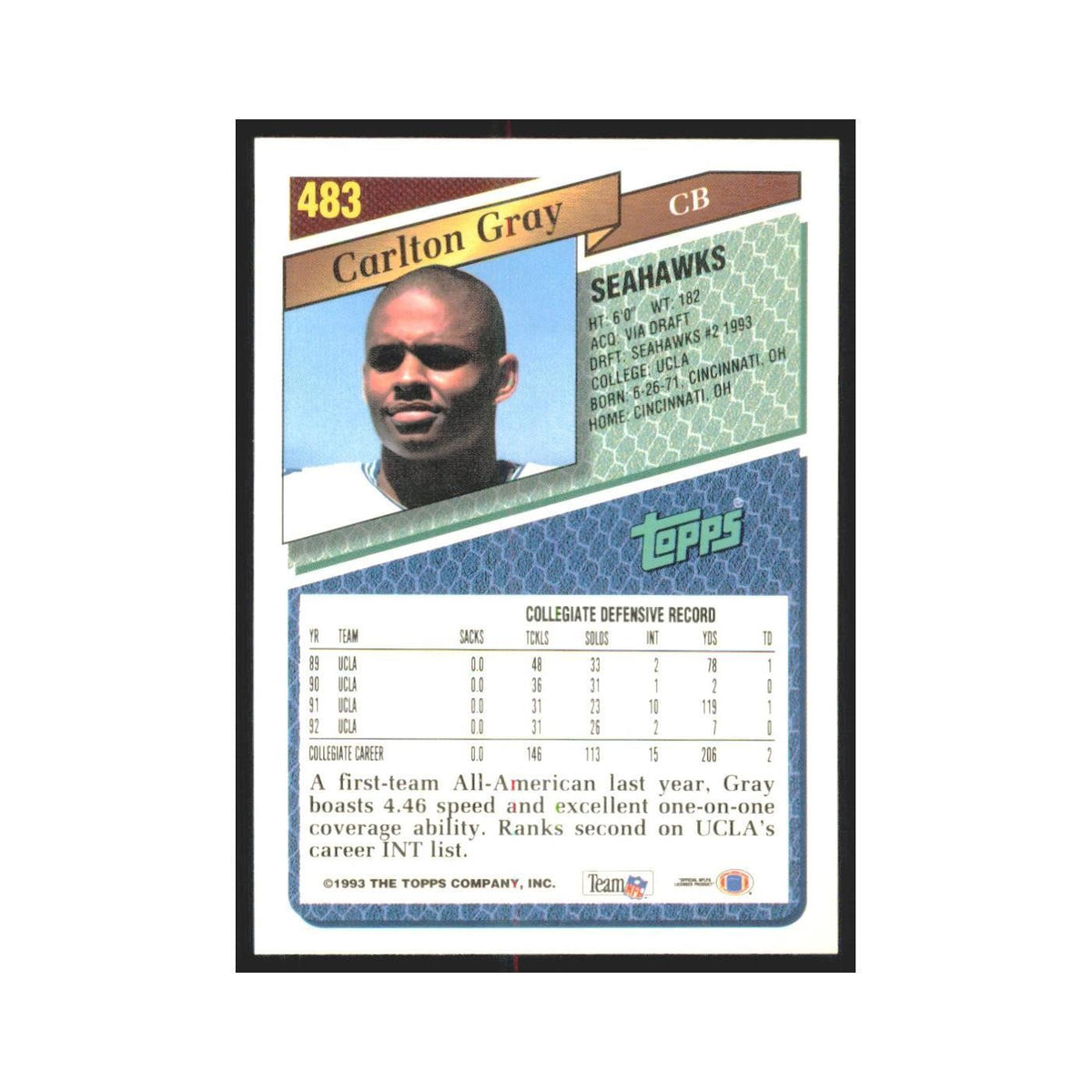 1993 Topps Carlton Gray RC Seahawks #483