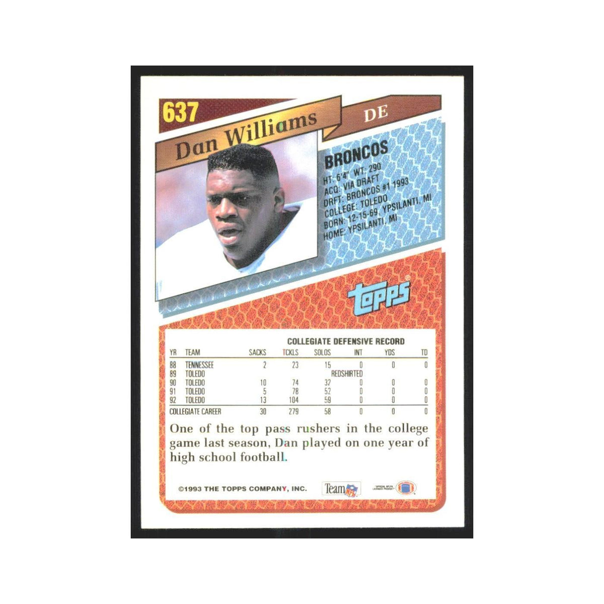 1993 Topps Dan Williams RC Broncos #637