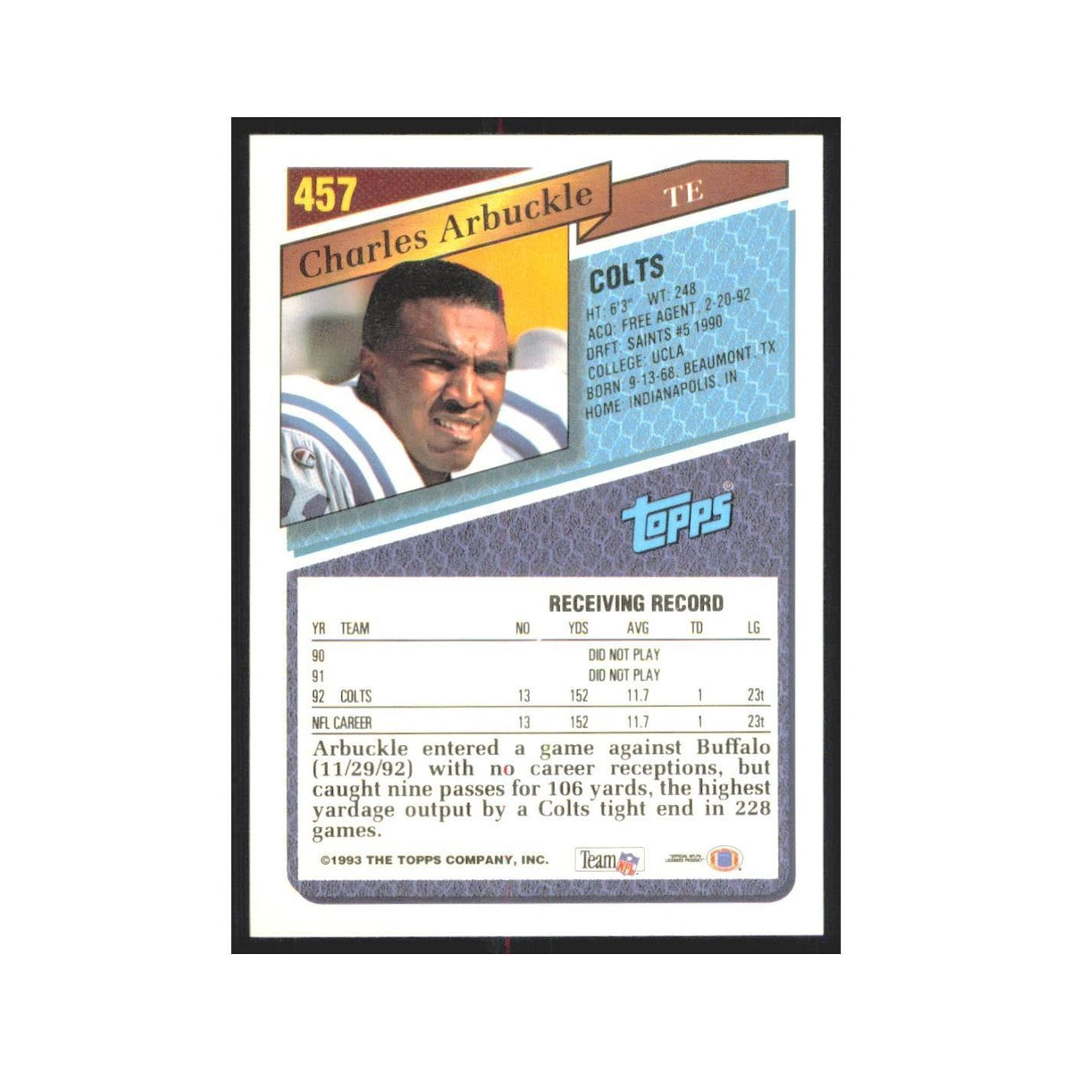 1993 Topps Charles Arbuckle RC Colts #457