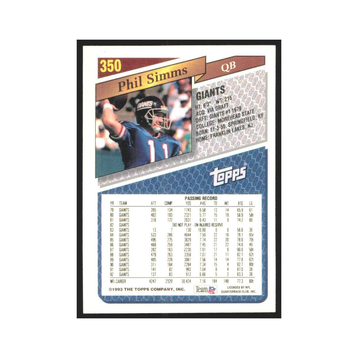 1993 Topps Gold Phil Simms Giants #350