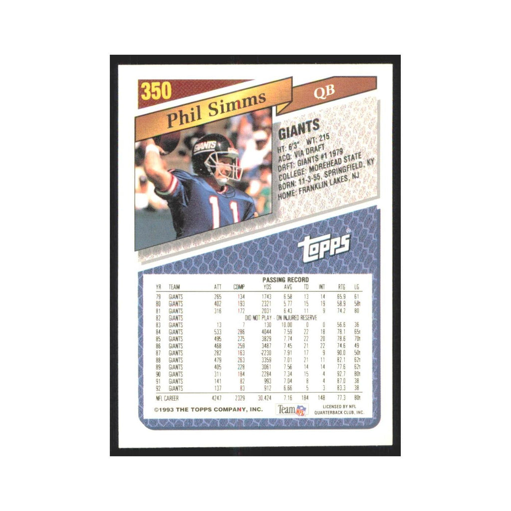 1993 Topps Phil Simms Giants #350