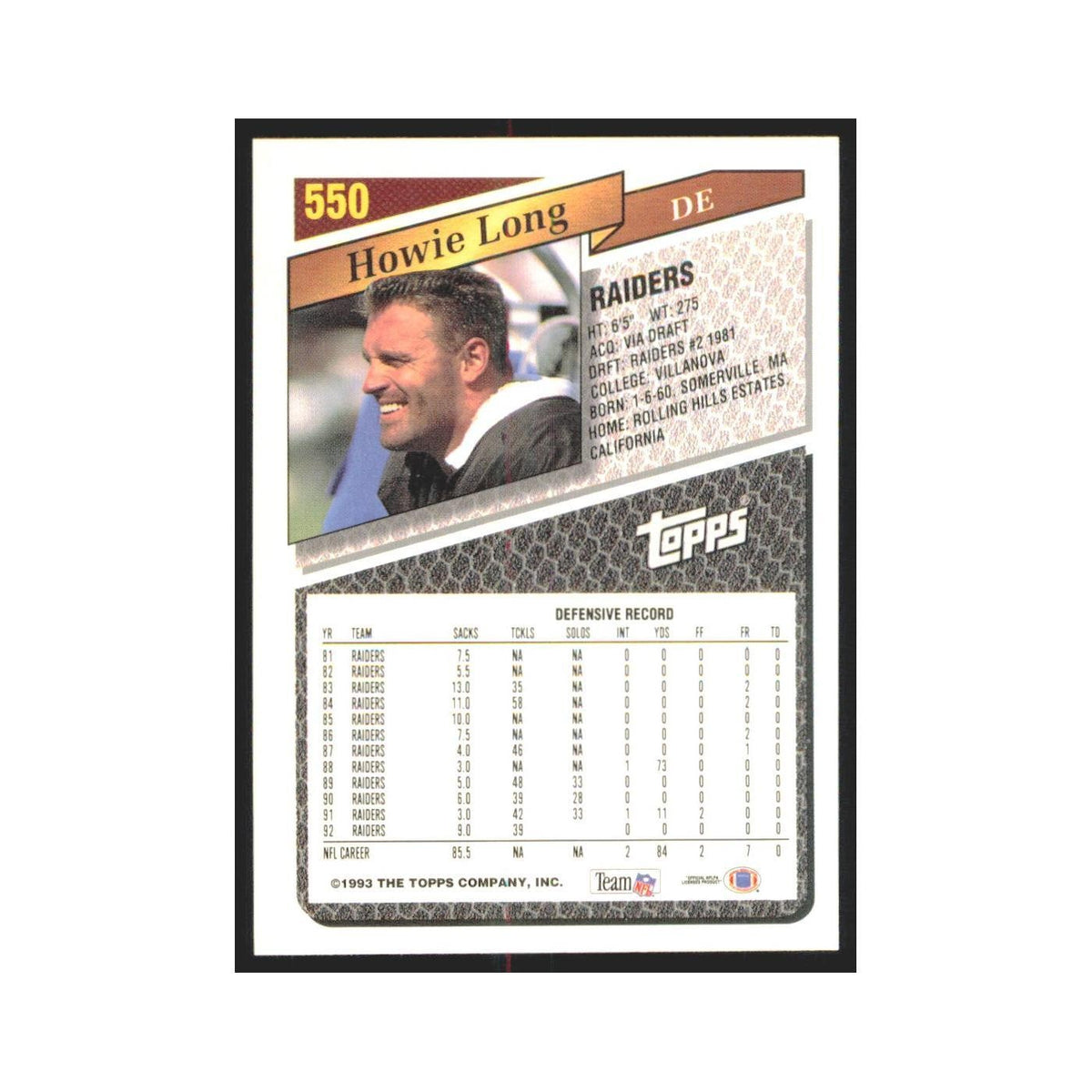 1993 Topps Howie Long Los Angeles Raiders #550