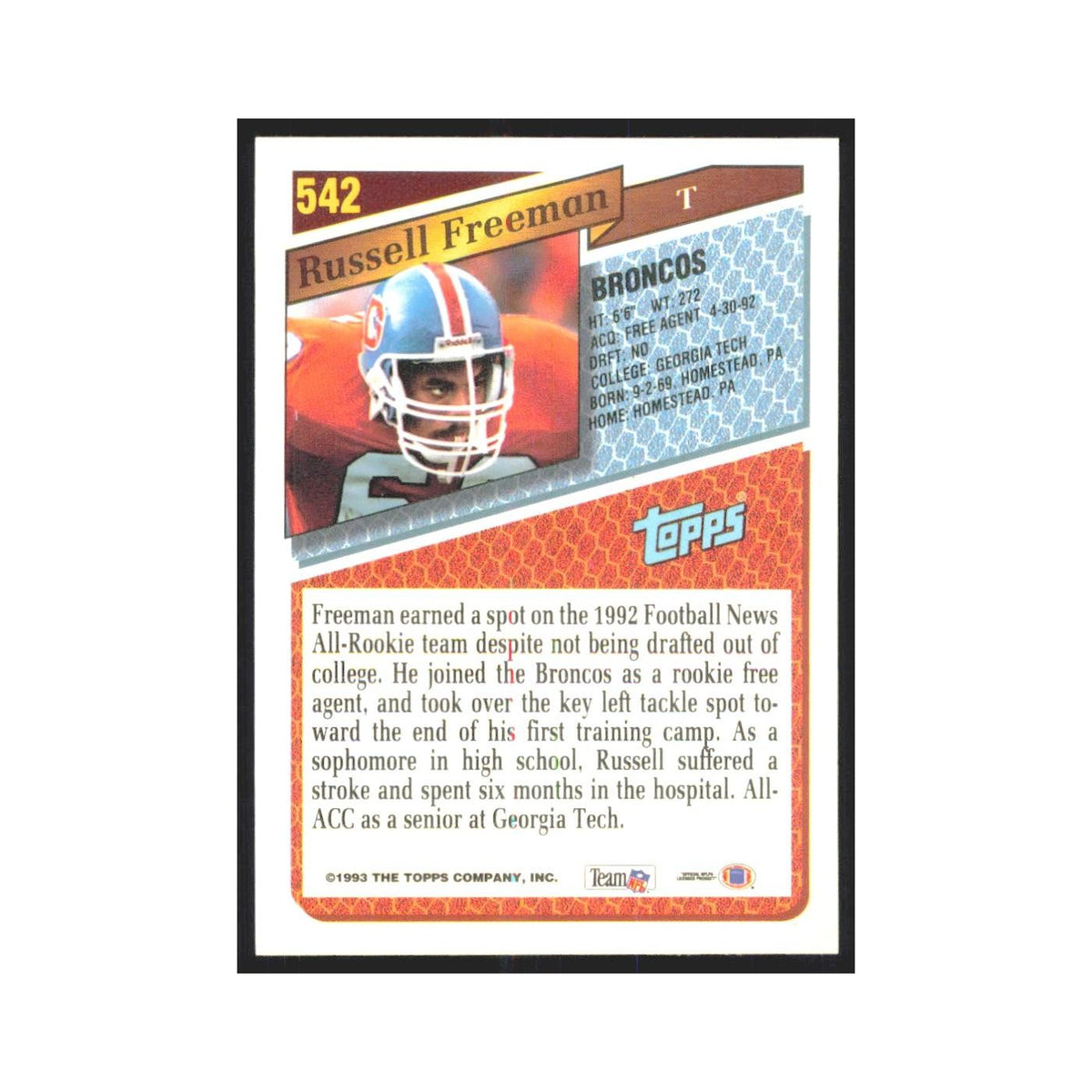 1993 Topps Russell Freeman RC Broncos #542