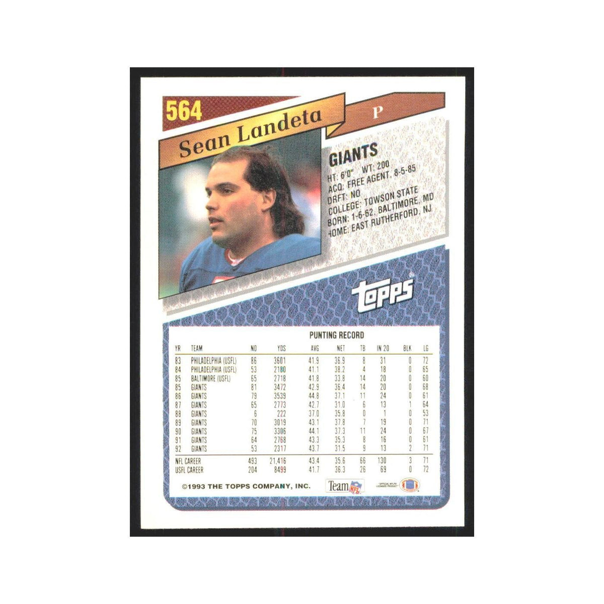 1993 Topps Sean Landeta Giants #564