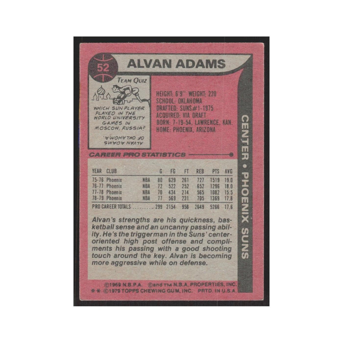 1979 Topps Alvan Adams Suns #52