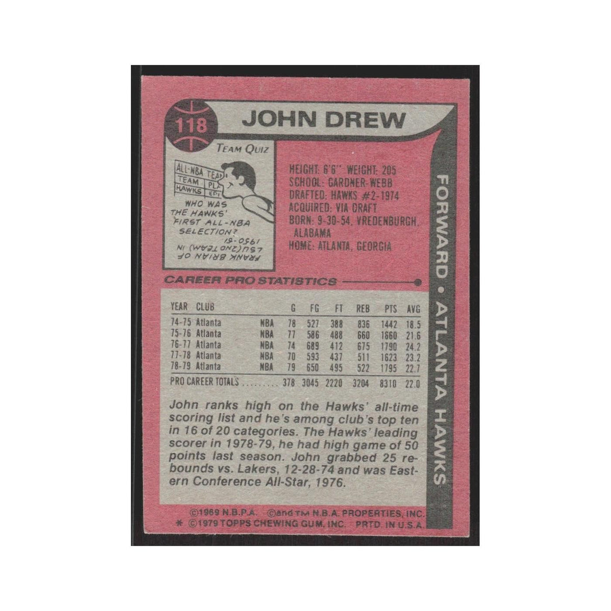 1979 Topps John Drew Hawks #118