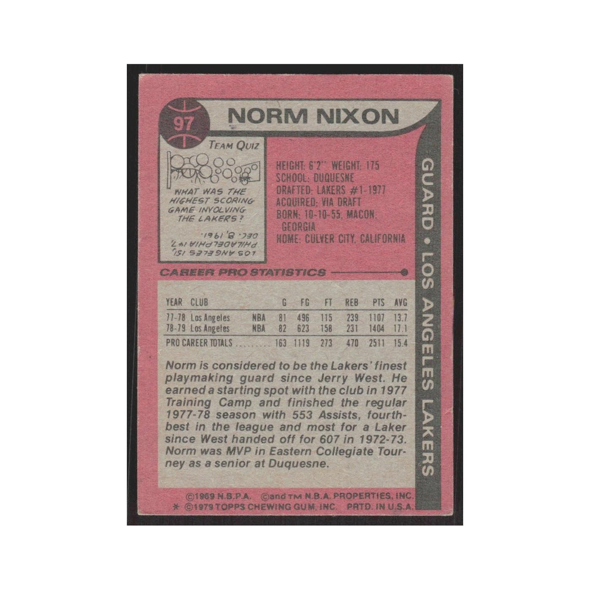 1979 Topps Norm Nixon Lakers #97