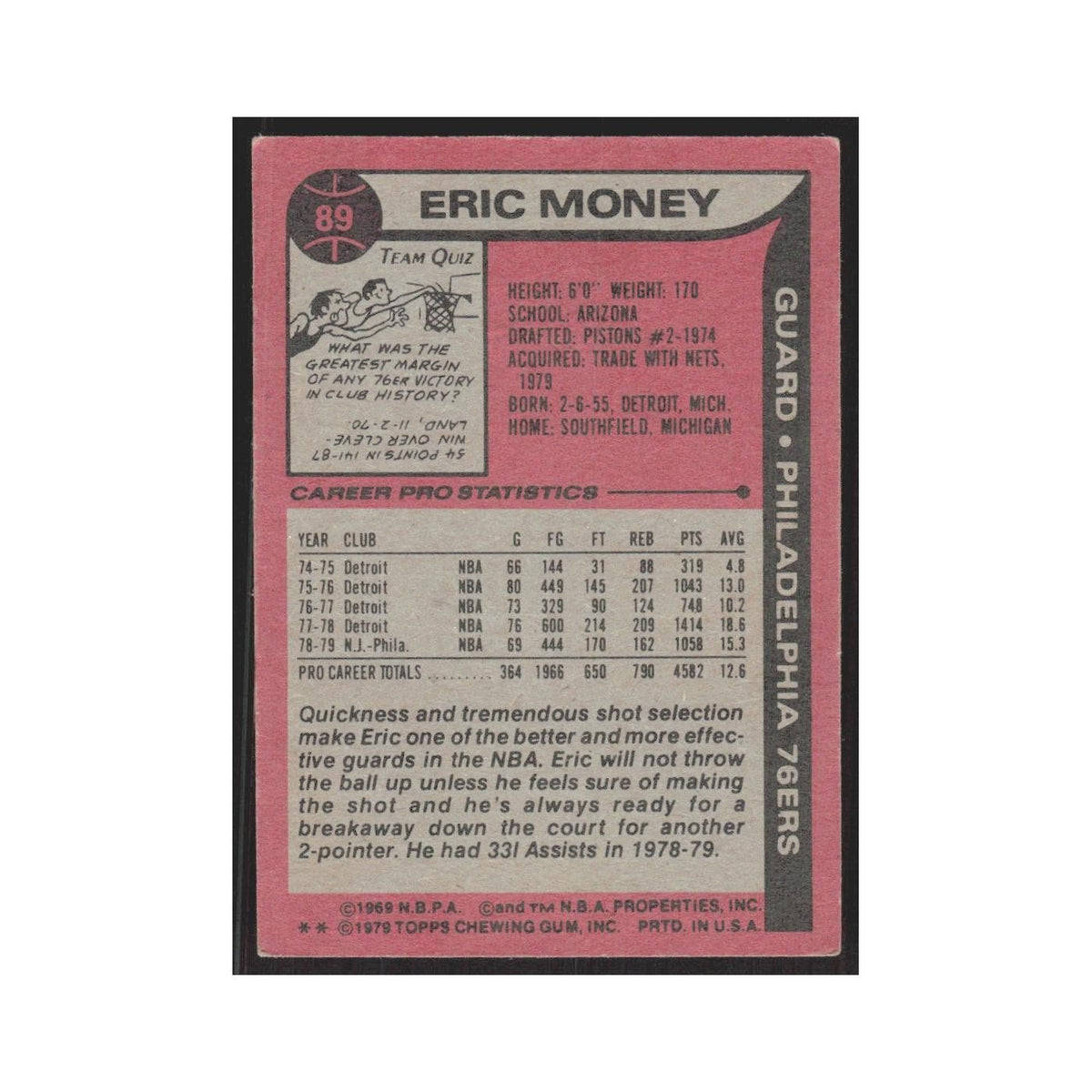 1979 Topps Eric Money 76ers #89