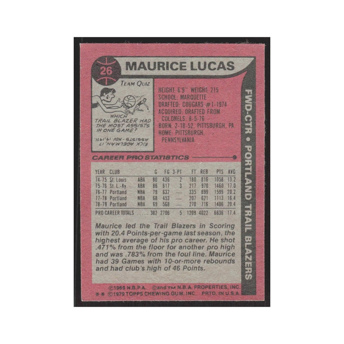 1979 Topps Maurice Lucas Blazers #26