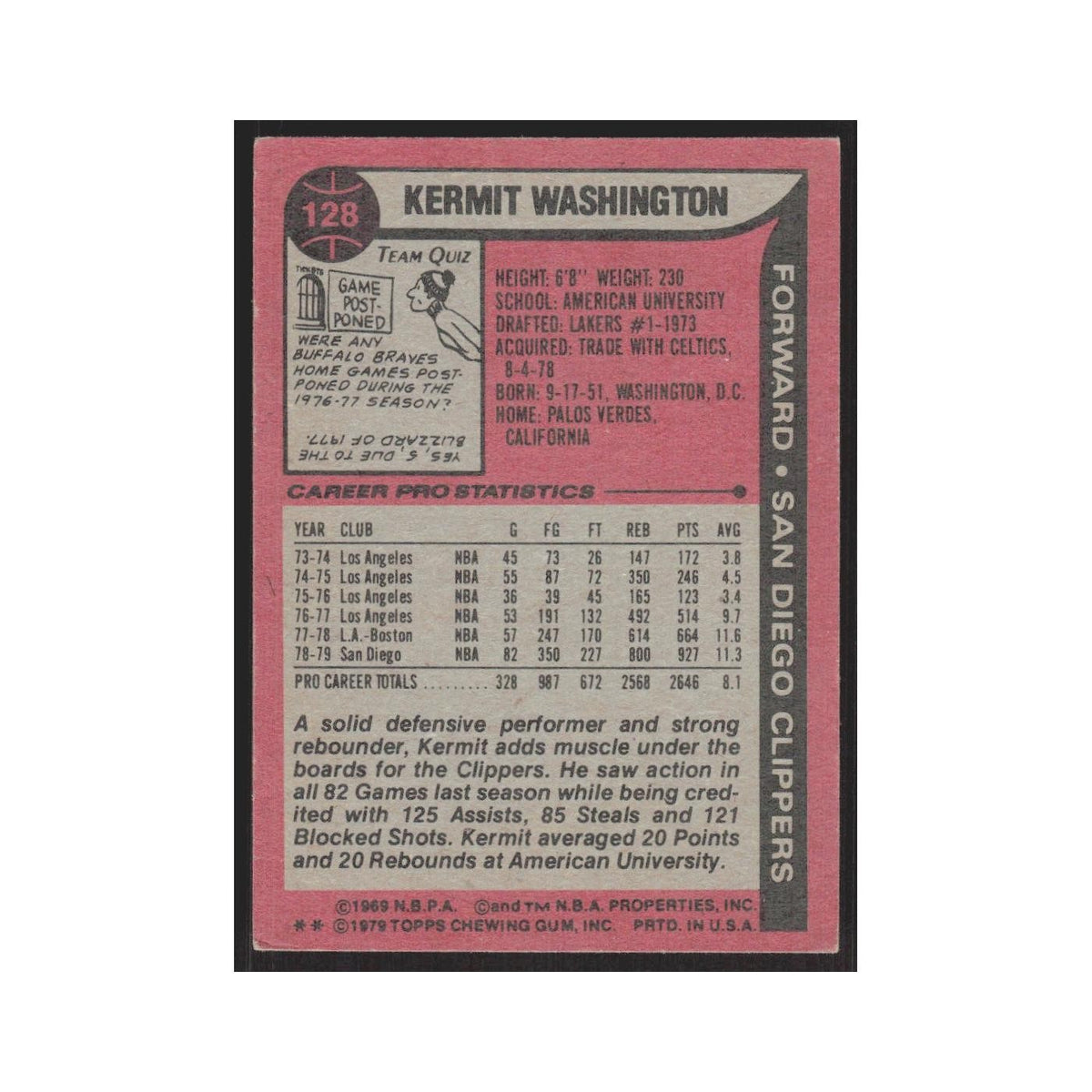 1979 Topps Kermit Washington San Diego Clippers #128