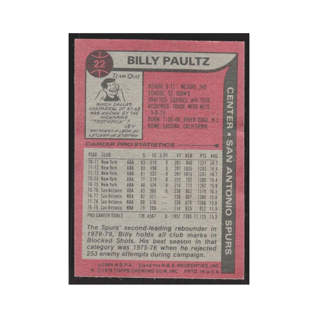 1979 Topps Billy Paultz Spurs #22