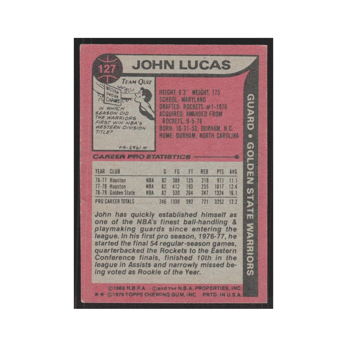 1979 Topps John Lucas Golden State Warriors #127