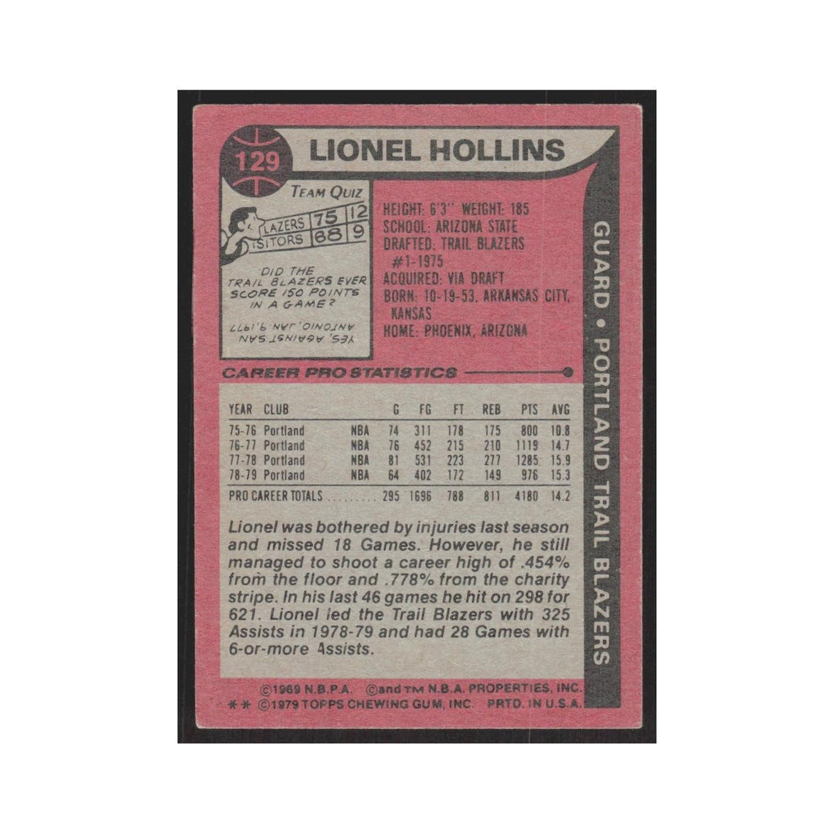 1979 Topps Lionel Hollins Blazers #129