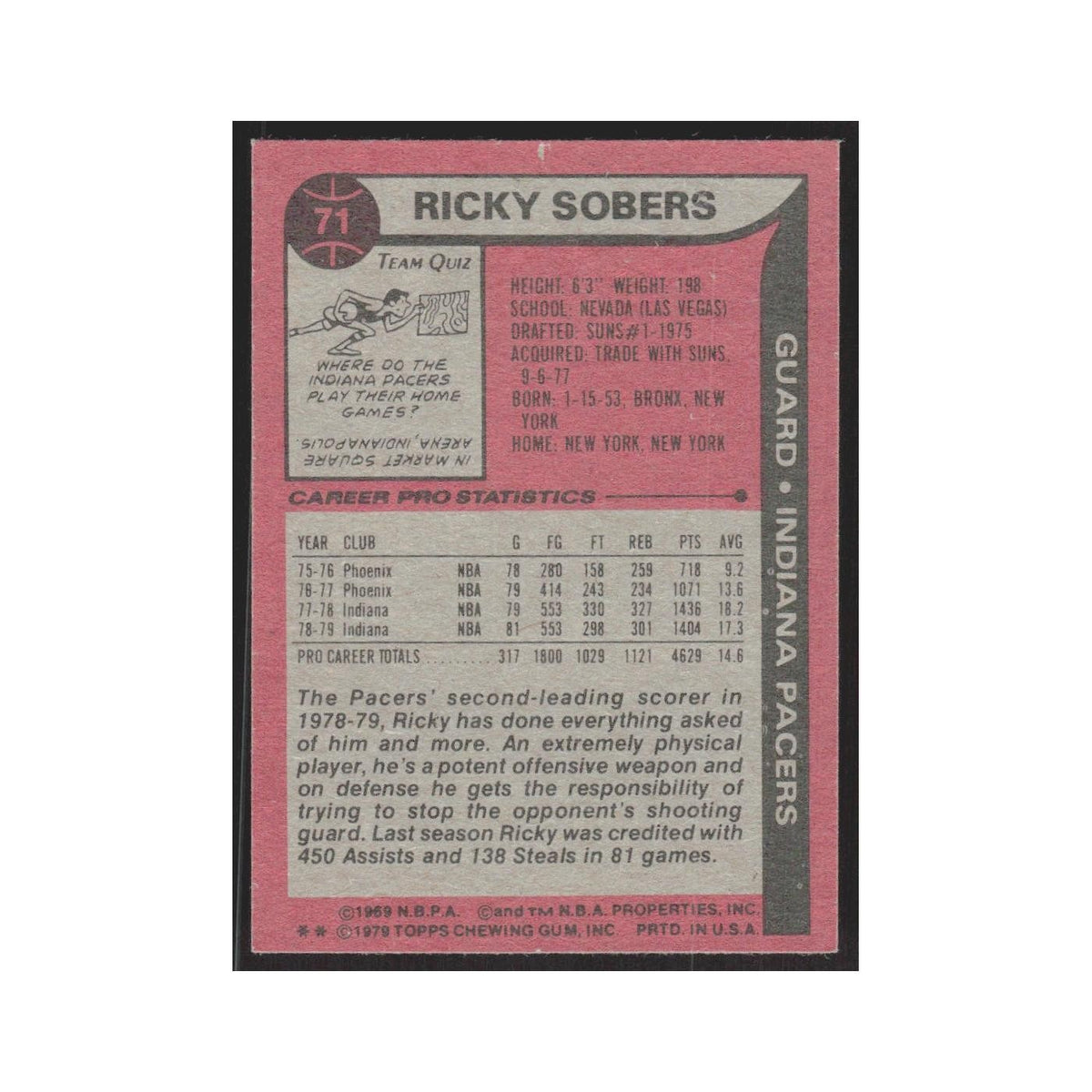 1979 Topps Ricky Sobers Pacers #71