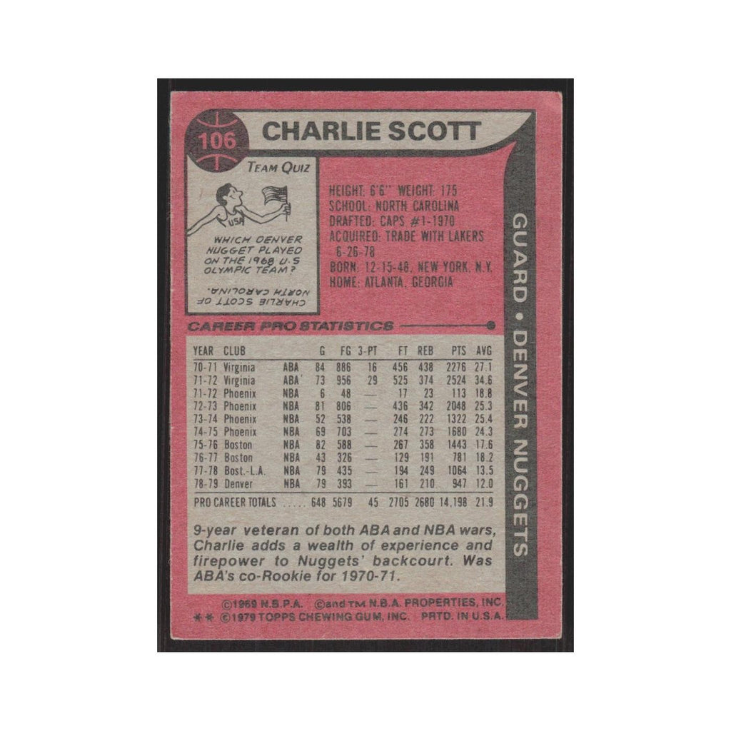 1979 Topps Charlie Scott Nuggets #106