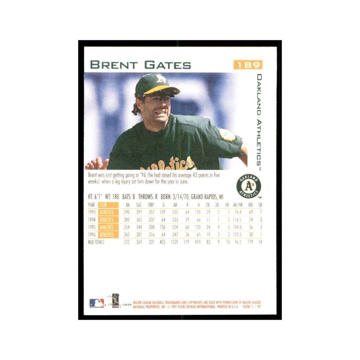 1997 Fleer Brent Gates Baseball Cards #189