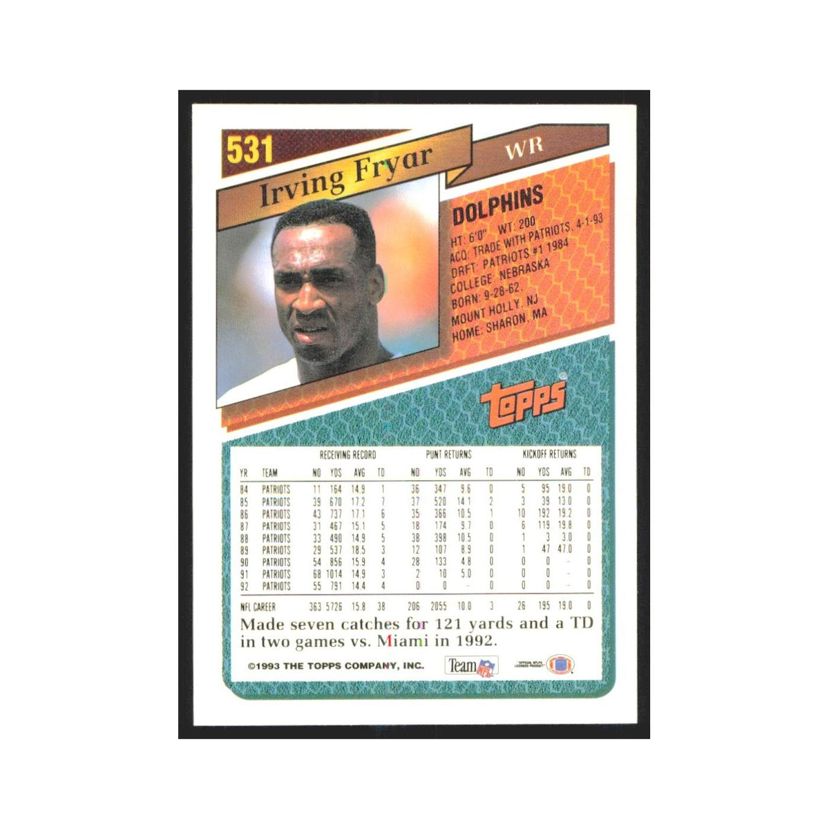 1993 Topps Irving Fryar Dolphins #531