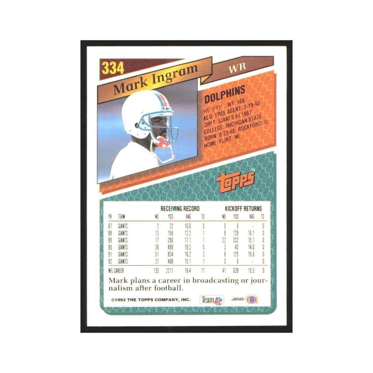 1993 Topps Mark Ingram Dolphins #334