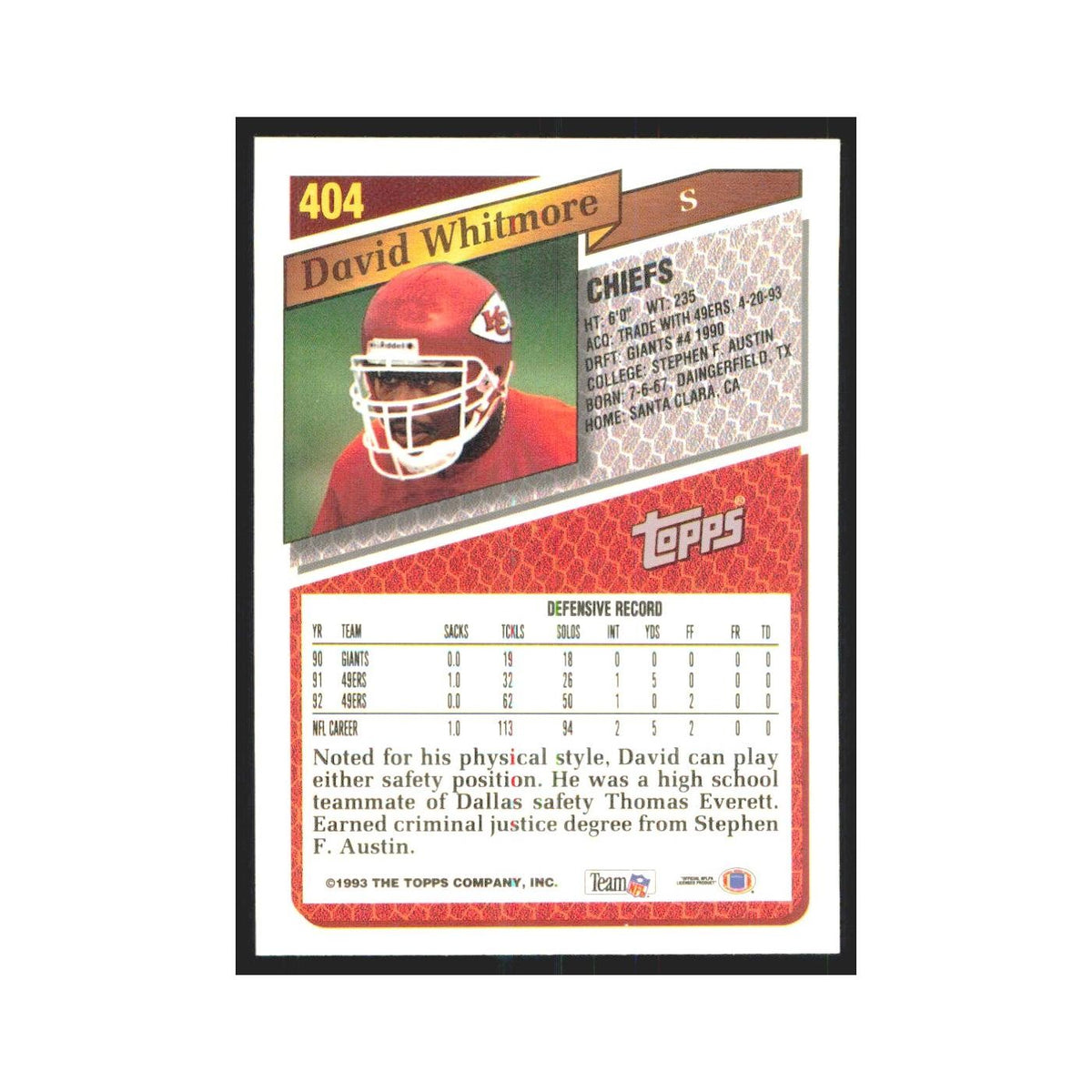 1993 Topps David Whitmore Chiefs #404