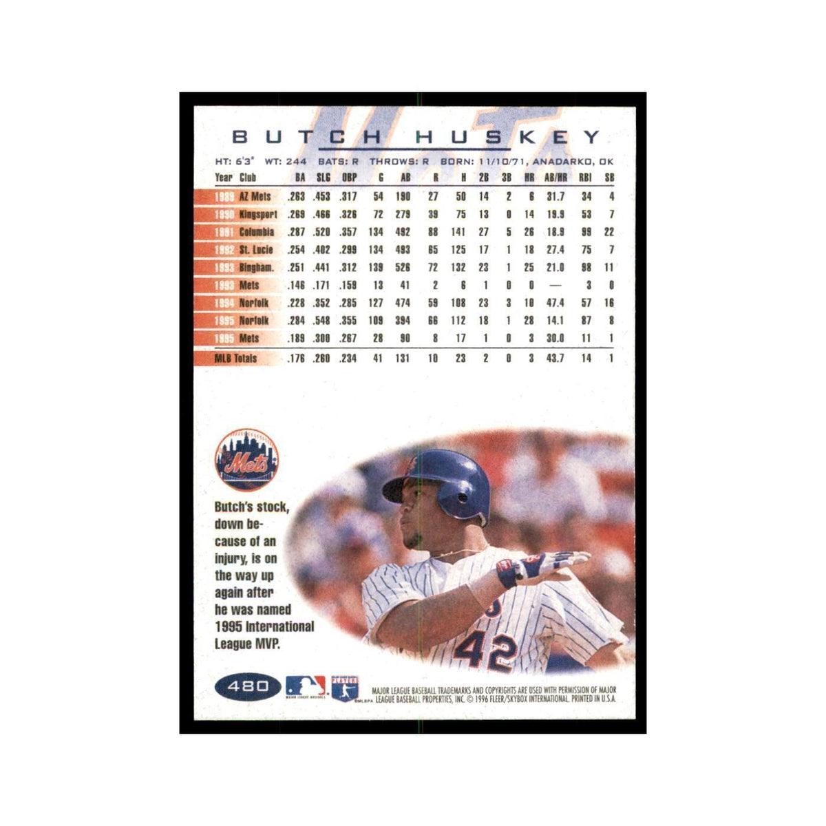 1996 Fleer Butch Huskey Baseball Cards #480