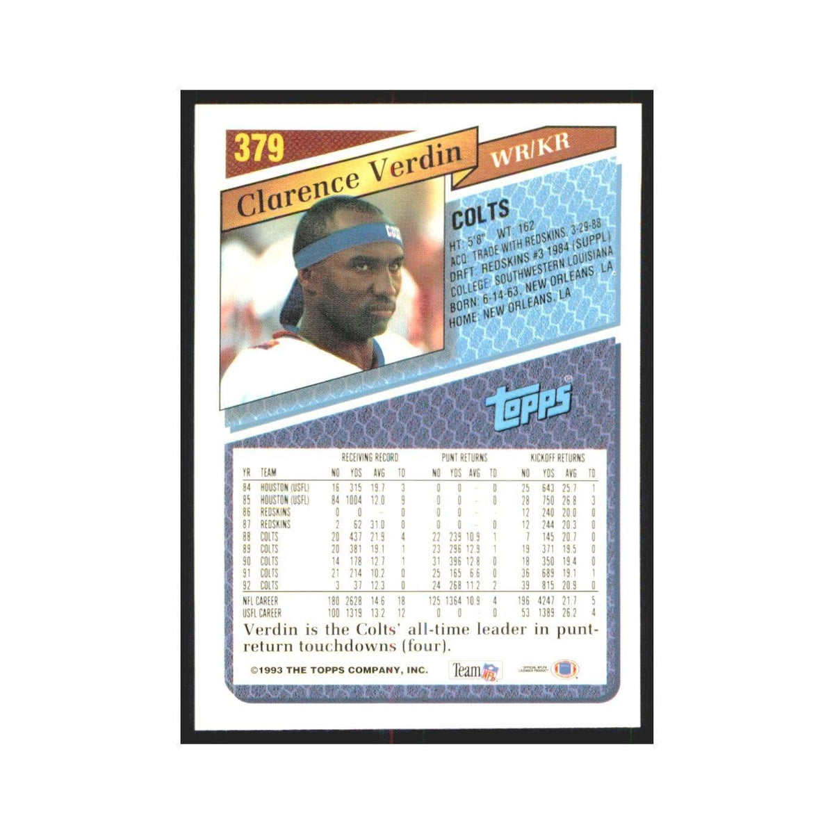 1993 Topps Clarence Verdin Colts #379