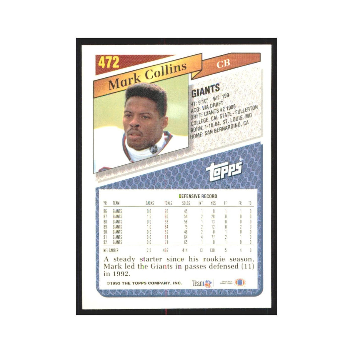 1993 Topps Mark Collins Giants #472