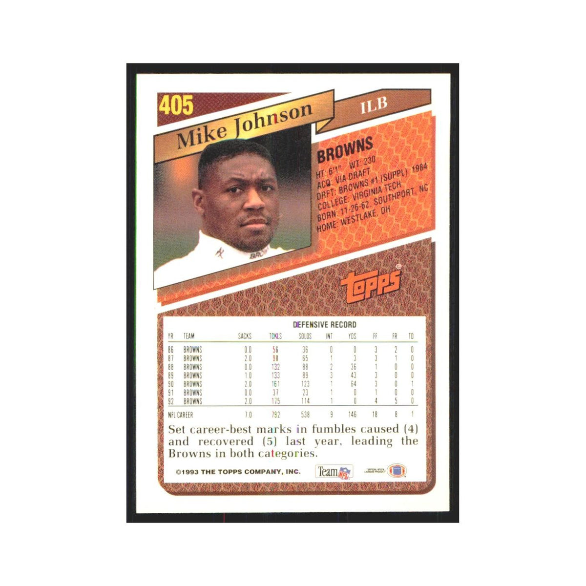 1993 Topps Mike Johnson Browns #405