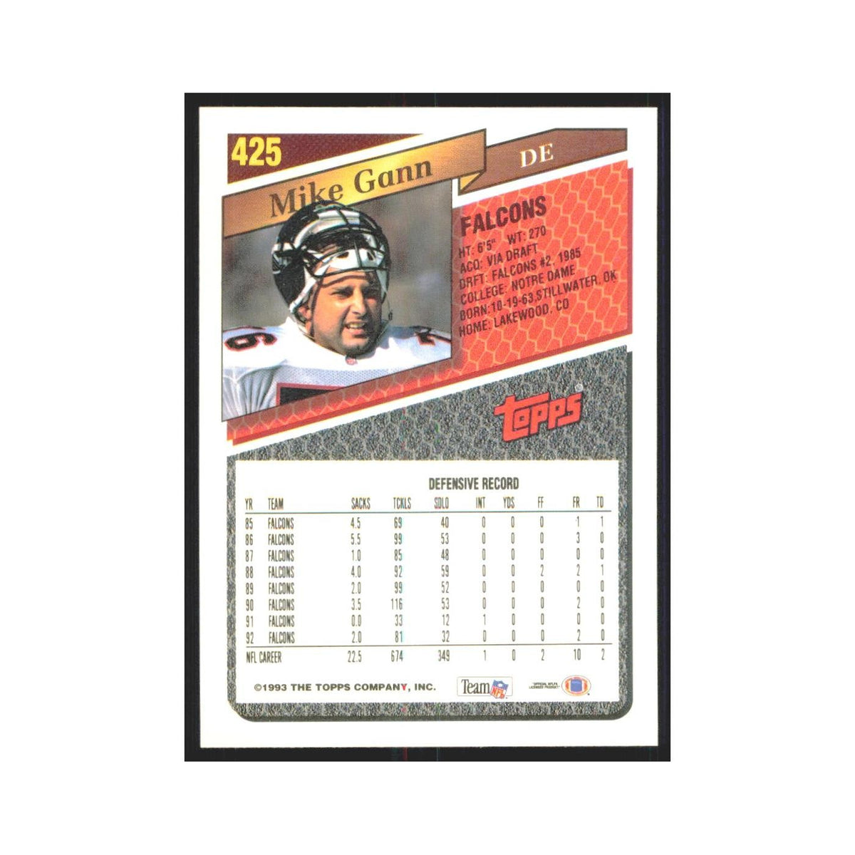1993 Topps Mike Gann Falcons #425